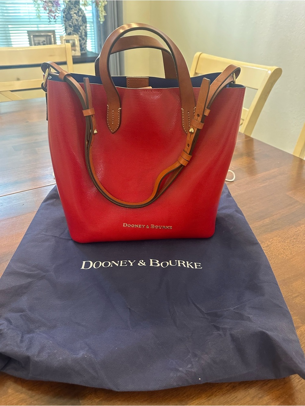 Dooney & Bourke Red Lizzard Embossed Tote with Brown Leather Trim